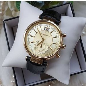 New Michael Kors Sawyer Gold Tone With Black Leather Strap Watch $275